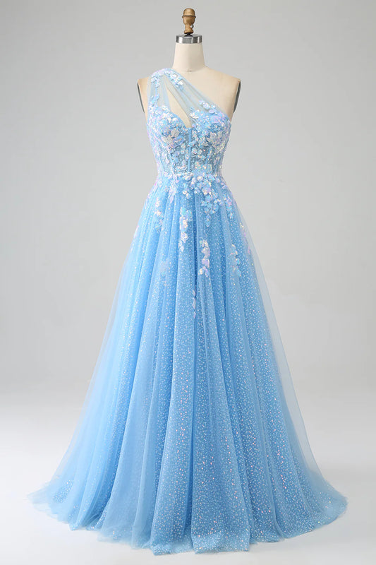 AerbaDress Stunning A Line One Shoulder Light Blue Long Tulle Prom Dress with Appliques