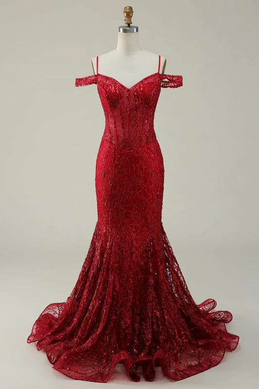 AerbaDress Burgundy Mermaid Cold Shoulder Long Prom Dress
