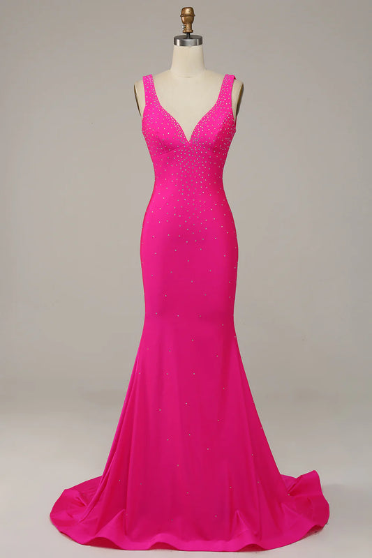AerbaDress Fuchsia Mermaid V-Neck Beaded Prom Dress
