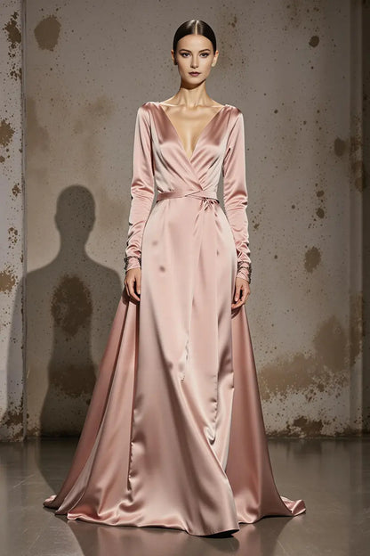 Light Pink Satin A Line Deep V-Neck with Long Sleeves Backless Exquisite Long Formal Dress Hot Sale Evening Dress