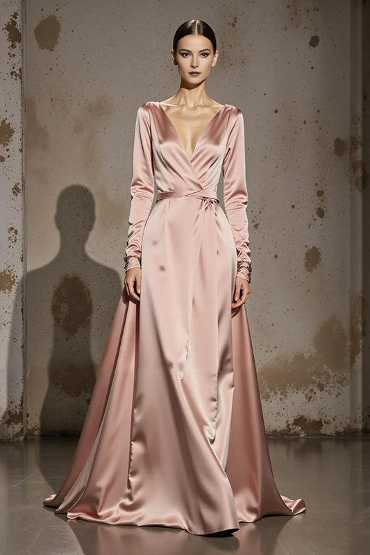 Light Pink Satin A Line Deep V-Neck with Long Sleeves Backless Exquisite Long Formal Dress Hot Sale Evening Dress