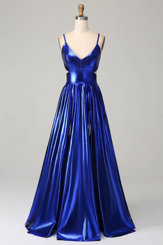 AerbaDress Royal Blue A-Line Spaghetti Straps Prom Dress with Slit