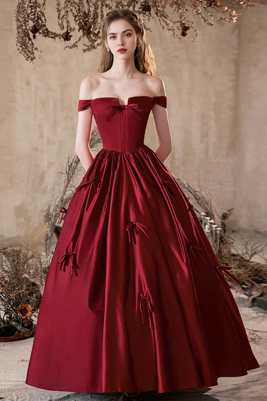 Exquisite Burgundy Satin A-Line Off the Shoulder Bow Decoration Pleated Lovely Long Prom Dresses Formal Graduation Dress Evening Dresses