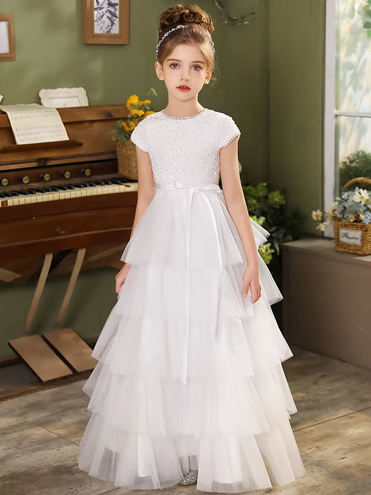 AERBA DRESS Wedding Flower Girl Dress Elegant Tulle Fluffy Communion Gown Net Bridesmaid Gowns Girls Birthday Gift Pageant Dress