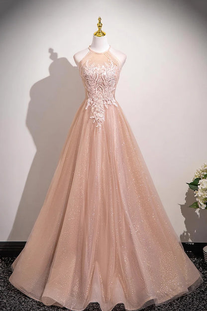 Shiny Tulle A-Line Halter Sleeveless Bead string Lace Applique Beautiful Exquisite Long Prom Dresses Formal Graduation Dress Evening Dress