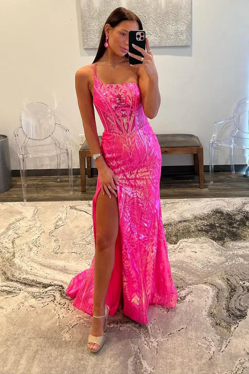 AerbaDress Mermaid Evening Dress One Shoulder Elegant Long Prom Dresses Fuchsia Sequins Lace