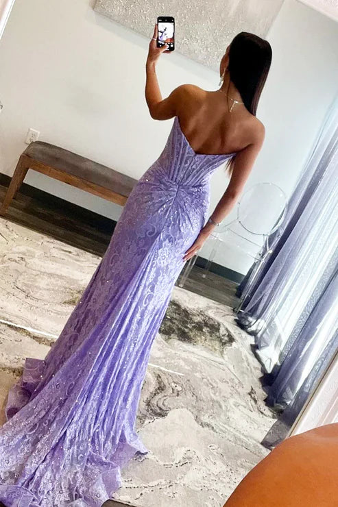 AerbaDress Elegant Lavender Evening Dress Lace Strapless Long Mermaid Prom Dresses