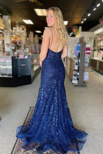 AerbaDress Navy Evening Dress Scoop Neck Sequin Lace Mermaid Long Prom Dresses
