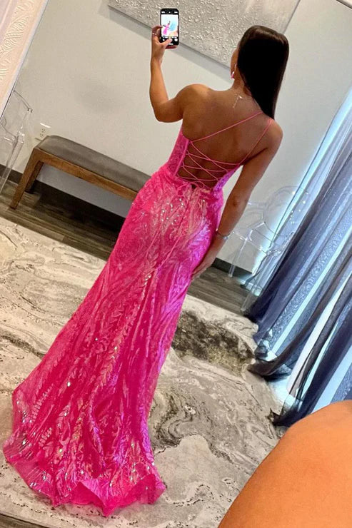 AerbaDress Mermaid Evening Dress One Shoulder Fuchsia Sequins Lace Long Prom Dresses