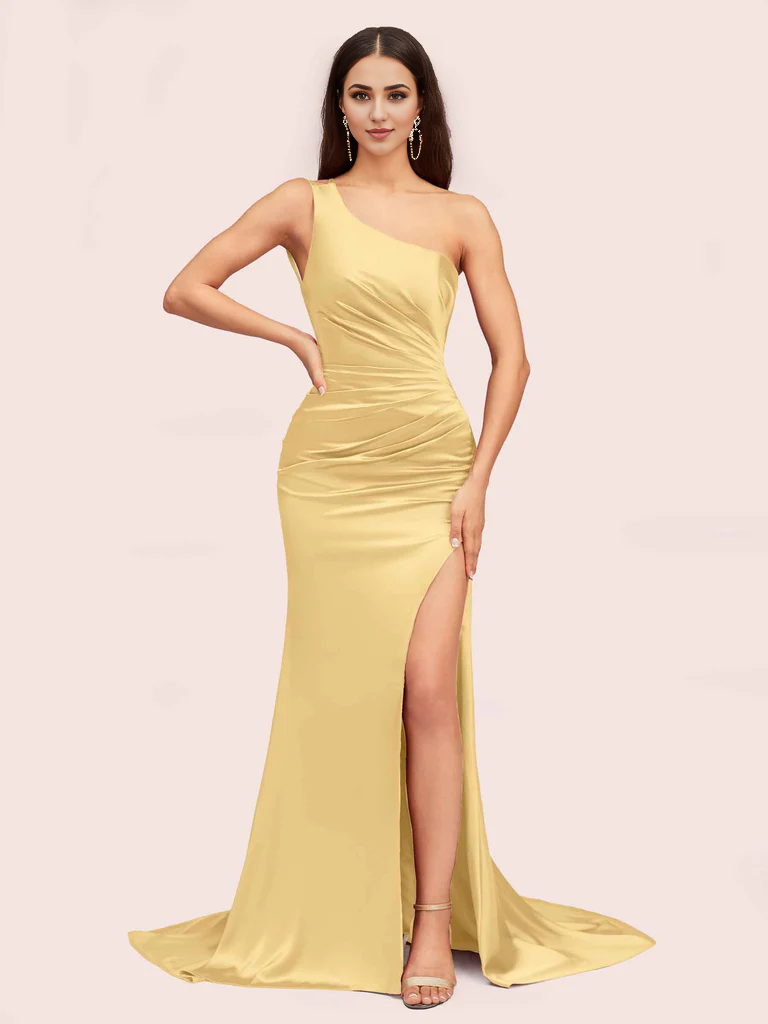 AerbaDress Bridesmaid Dresses Online Sexy One Shoulder Mermaid Side Slit Long Soft Satin