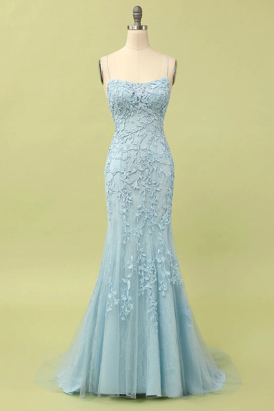 AerbaDress Mermaid Spaghetti Straps Light Pink Long Prom Dress with Appliques