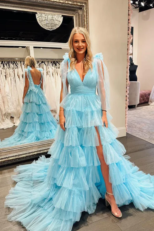 AerbaDress Cute A-Line Long Prom Dresses V Neck Blue Tiered Tulle Elegant Evening Dress