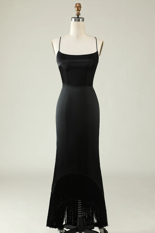 AerbaDress Spaghetti Straps Black Satin Prom Dress with Fringes