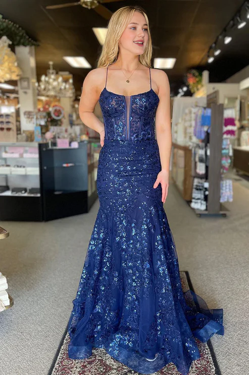 AerbaDress Fashion Mermaid Long Prom Dresses Navy Scoop Neck Evening Dress Sequin Lace