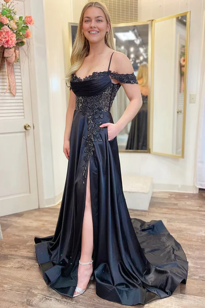 AerbaDress Fashion A Line Evening Dress Cold-Shoulder Beaded Black Prom Dresses