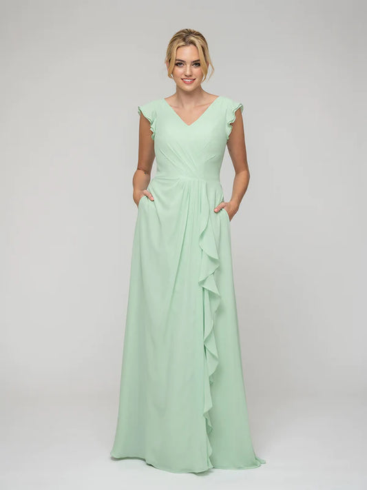 V Neck Chiffon Cap Sleeves Long Bridesmaid Dresses