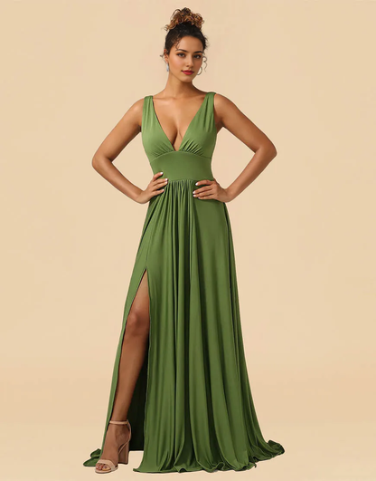 AerbaDress Bridesmaid Dress A-Line Deep V-neck Floor Length Spandex with Split