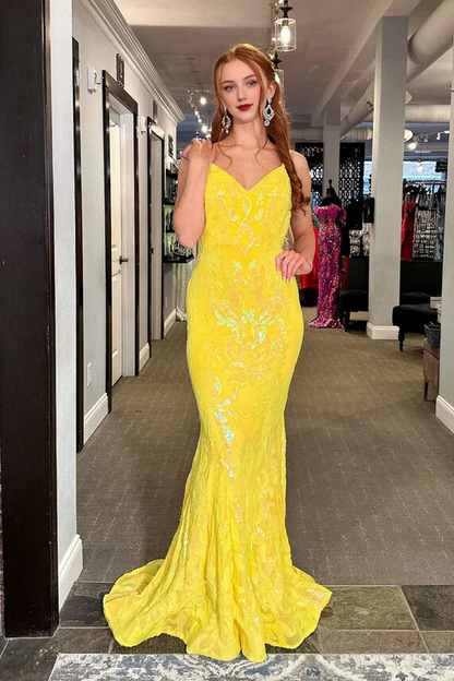 AerbaDress Mermaid Long Prom Dresses V Neck Yellow Evening Dress Sequins Lace Backless