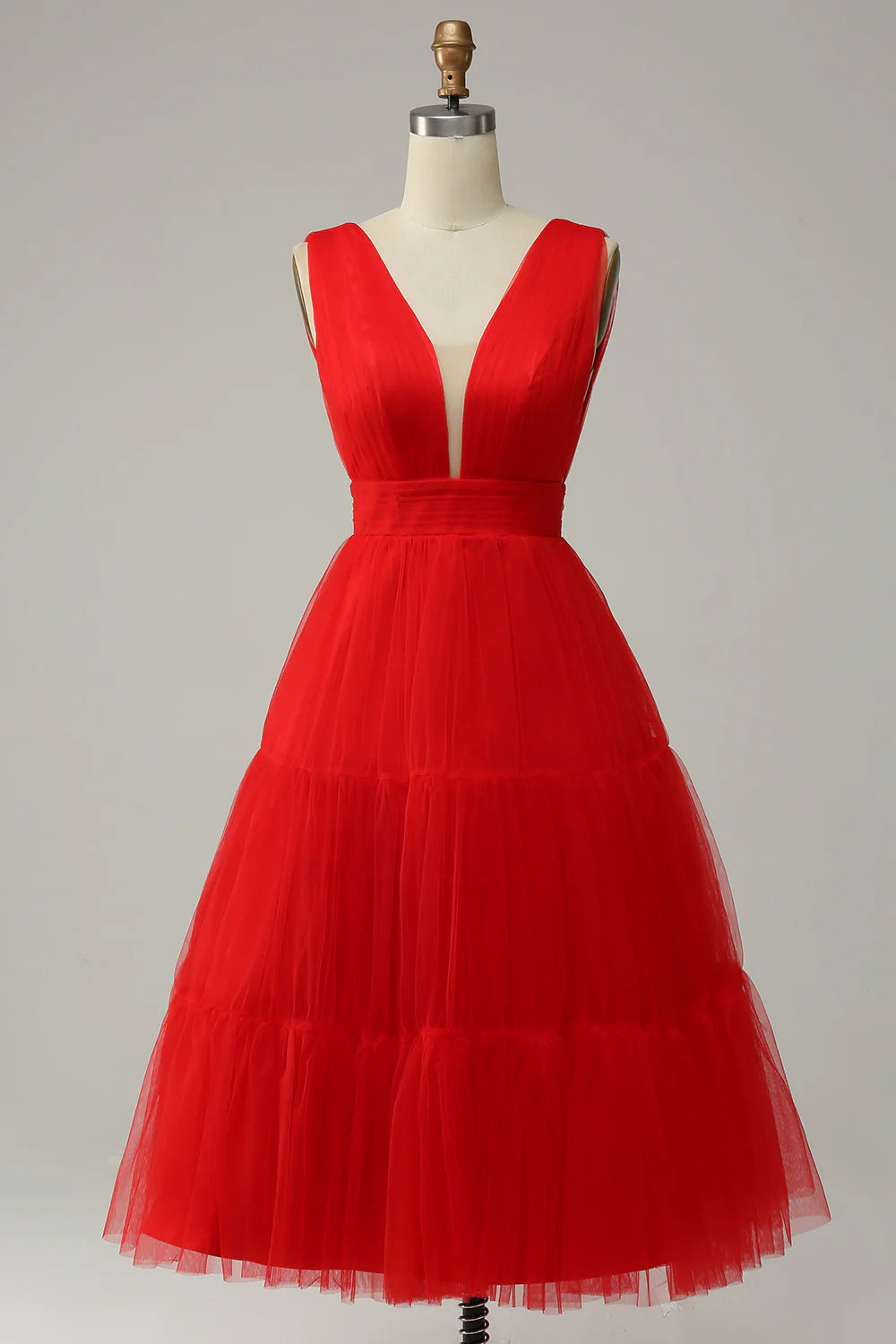 AERBA DRESS Formal Wear Dresses Elegant V-Neck Pleated Tulle Tea-Length Backless Prom Dress