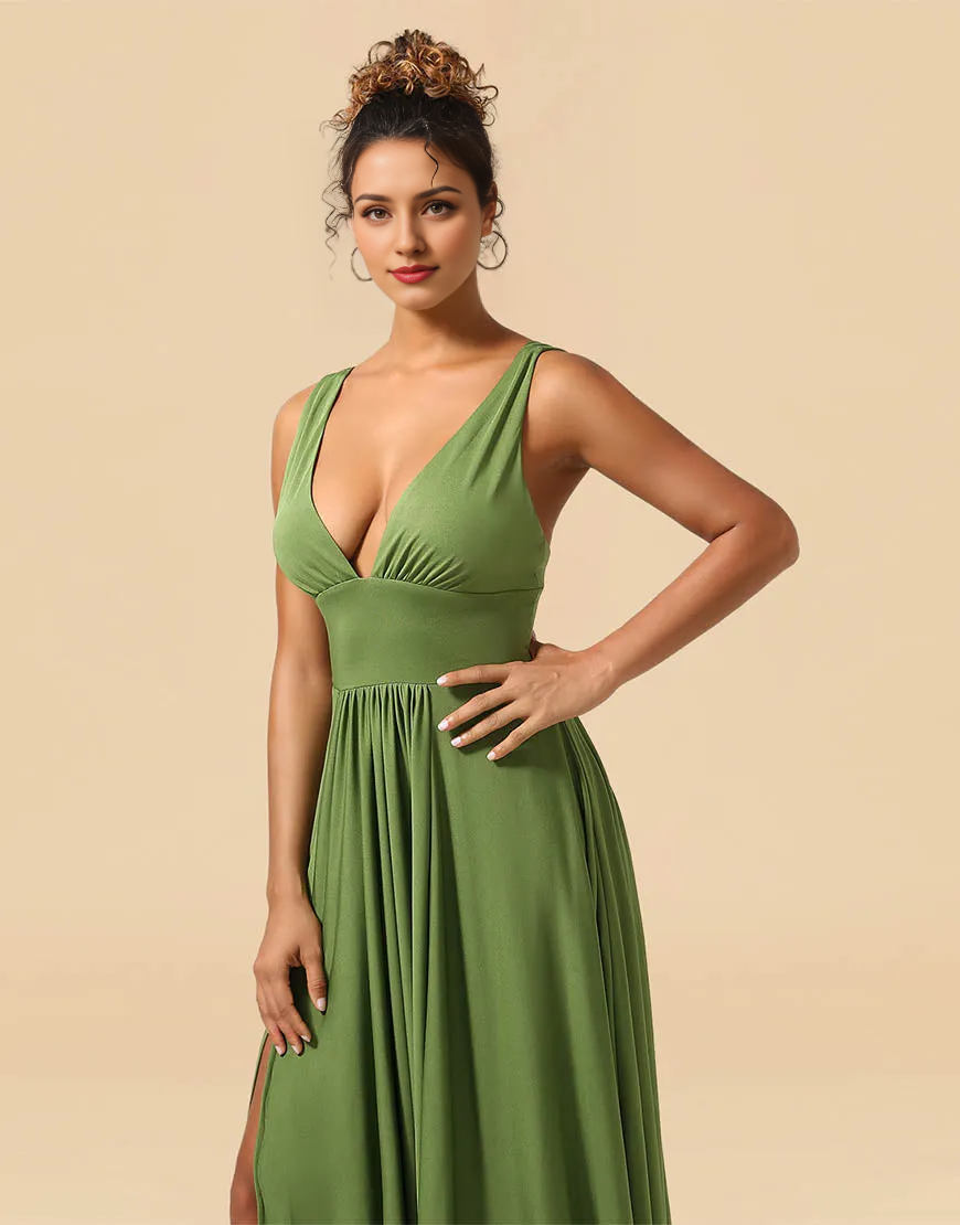 AerbaDress Bridesmaid Dress A-Line Deep V-neck Floor Length Spandex with Split