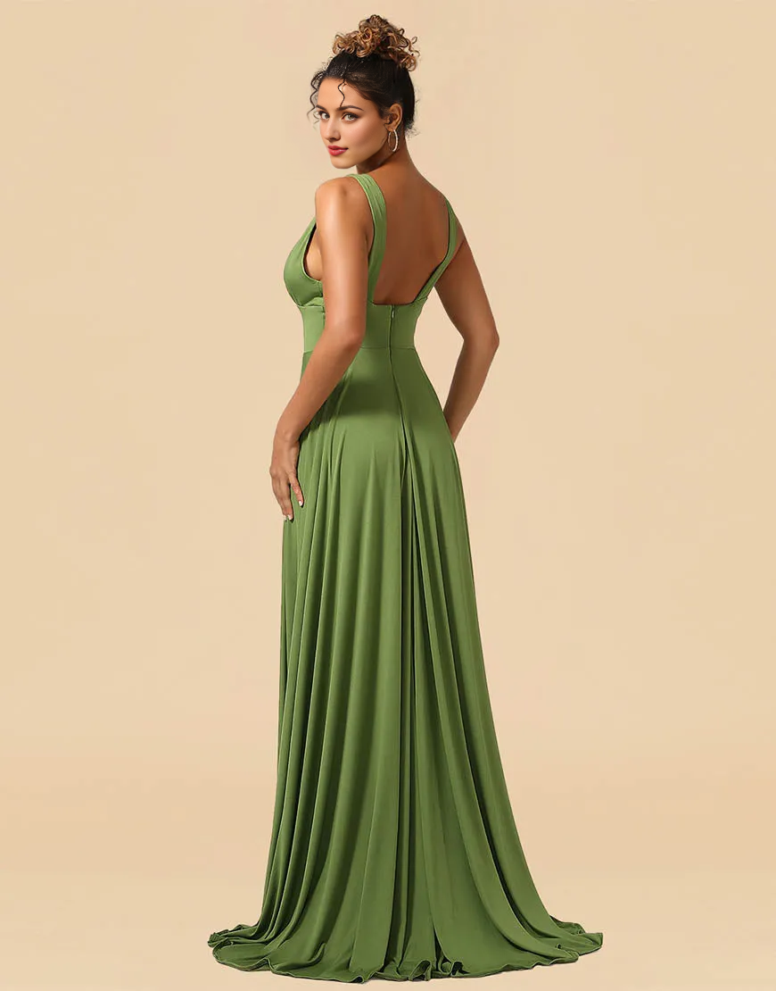 AerbaDress Bridesmaid Dress A-Line Deep V-neck Floor Length Spandex with Split