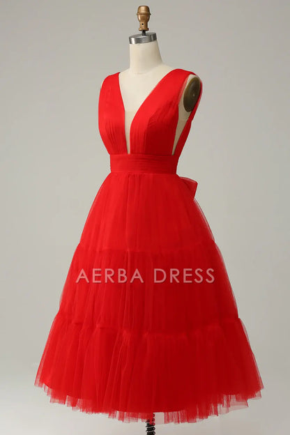 AERBA DRESS Formal Wear Dresses Elegant V-Neck Pleated Tulle Tea-Length Backless Prom Dress