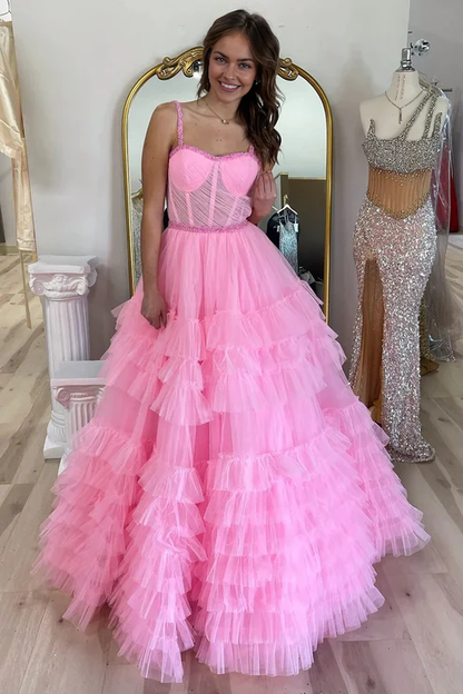 AerbaDress Fashion Tiered Ruffle Tulle Prom Dress Beaded Evening Dresses