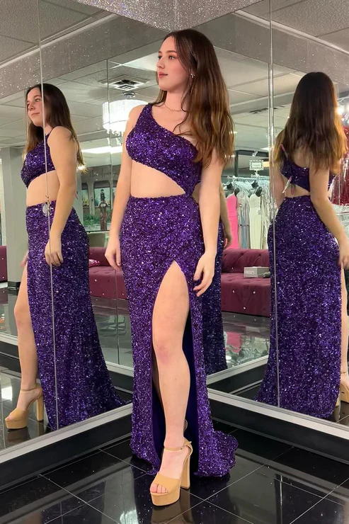AerbaDress Evening Dress Purple One Shoulder Cutout Sequin Mermaid Long Prom Dresses