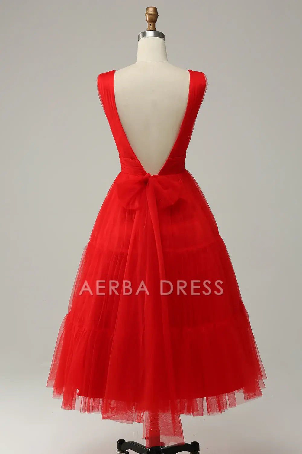 AERBA DRESS Formal Wear Dresses Elegant V-Neck Pleated Tulle Tea-Length Backless Prom Dress