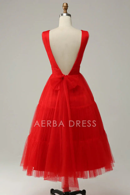 AERBA DRESS Formal Wear Dresses Elegant V-Neck Pleated Tulle Tea-Length Backless Prom Dress