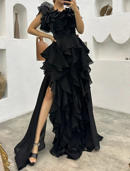 A-Line Evening Dress Black Dress Tiered Plisse Dress Formal Masquerade Sweep / Brush Train Sleeveless Off Shoulder Gothic Chiffon with Ruffles