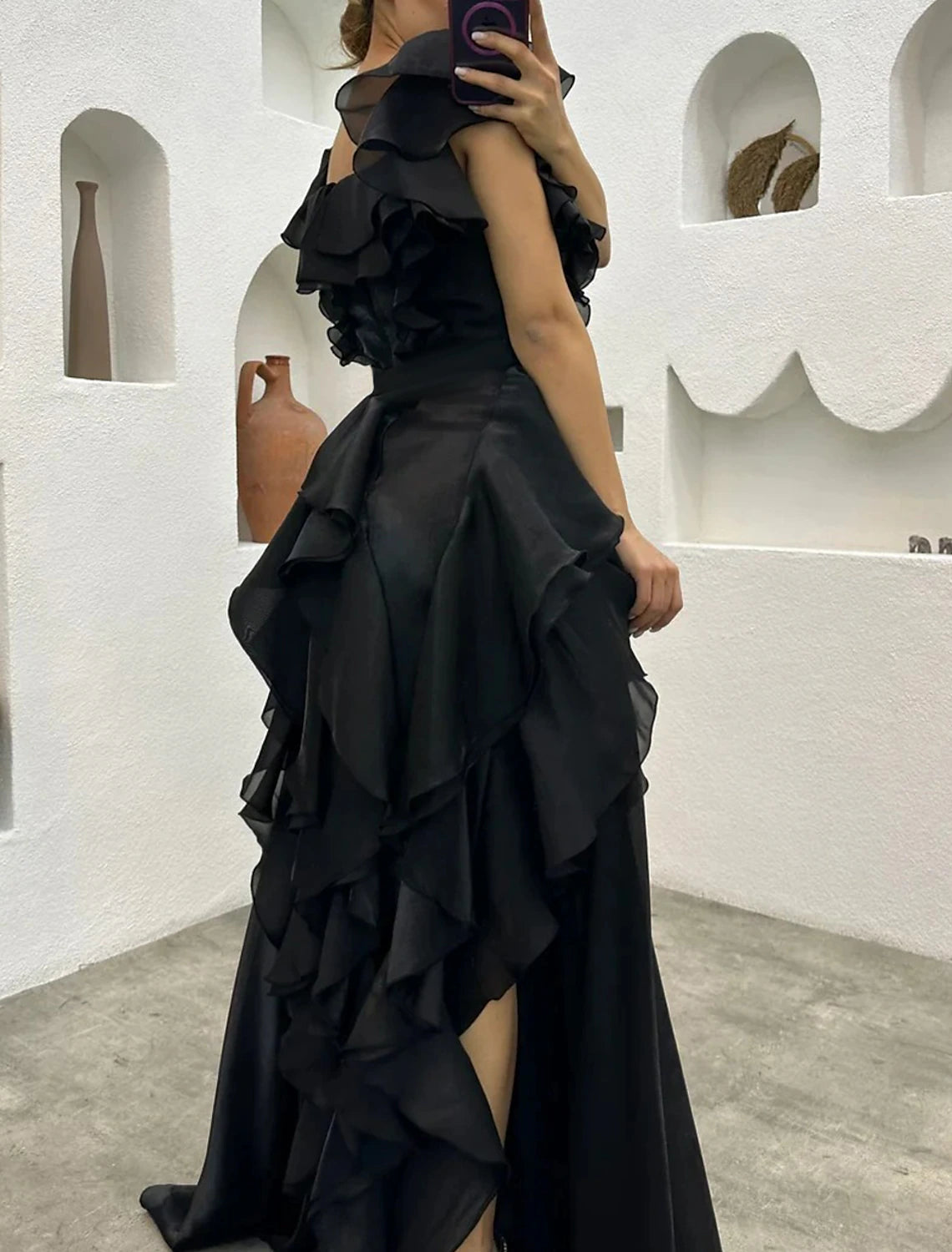 A-Line Evening Dress Black Dress Tiered Plisse Dress Formal Masquerade Sweep / Brush Train Sleeveless Off Shoulder Gothic Chiffon with Ruffles