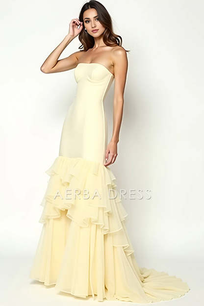 AERBA DRESS Formal Wear Dresses Elegant Sheath Strapless Square Neck Tiers Ruffles Fashion Long Prom Dress