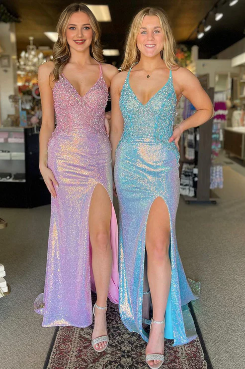AerbaDress Pink V Neck Fashion Sequin Evening Dress Appliques Mermaid Long Prom Dresses