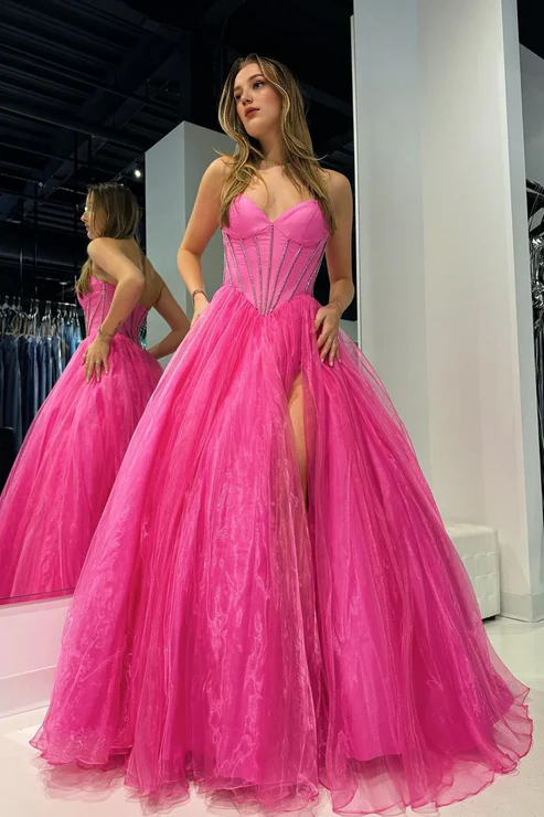 AerbaDress Fashion Pink Evening Dress Strapless Organza A-Line Long Prom Dresses