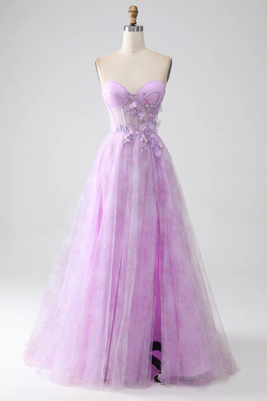 AerbaDress Lavender Printed Strapless Corset Prom Dress with Beading