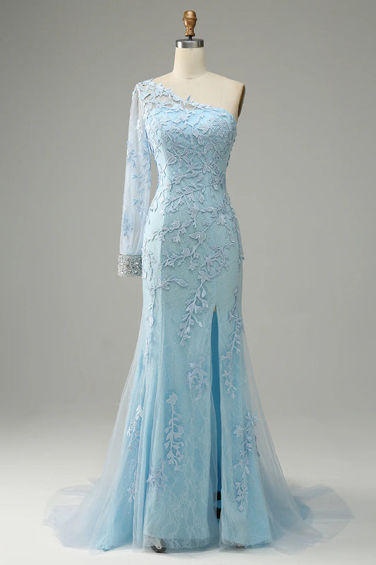 AerbaDress Sky Blue One Shoulder Mermaid Prom Dress With Appliques