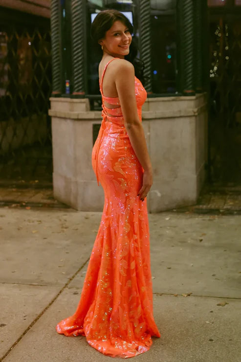 AerbaDress Orange V Neck Evening Dress Sequins Mermaid Long Prom Dresses