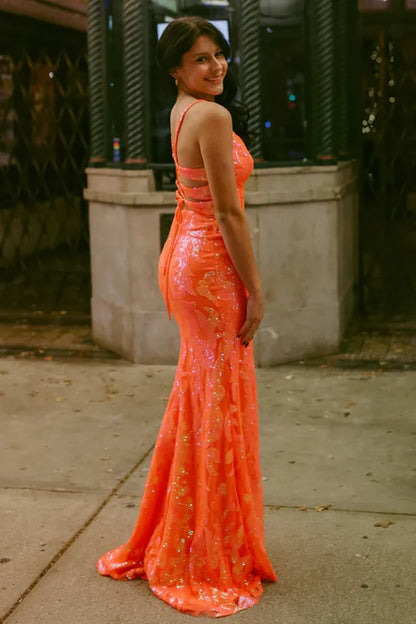 AerbaDress Orange V Neck Evening Dress Sequins Mermaid Long Prom Dresses