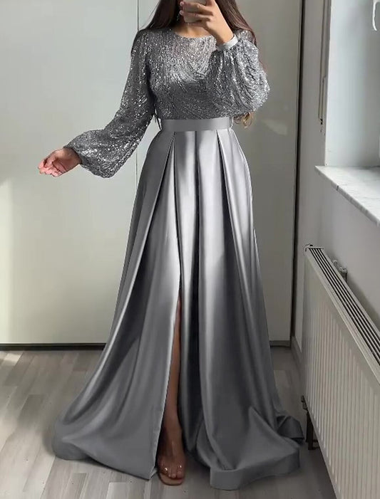 A-Line Prom Dresses Glittering Dress Wedding Black Tie Floor Length Long Sleeve Jewel Neck Fall Wedding Guest Satin with Sequin