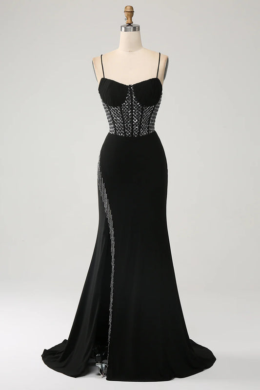 AerbaDress Mermaid Black Spaghetti Straps Long Corset Prom Dress with Slit