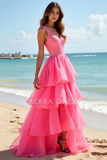 AERBA DRESS Formal Wear Dresses Exquisite A Line V Neck Backless Tiered Ruched Fashion Long Prom Dress