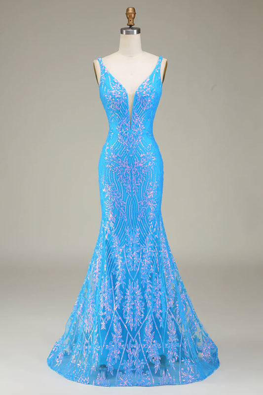 AerbaDress Sparkly Blue Deep V-neck Mermaid Prom Dress