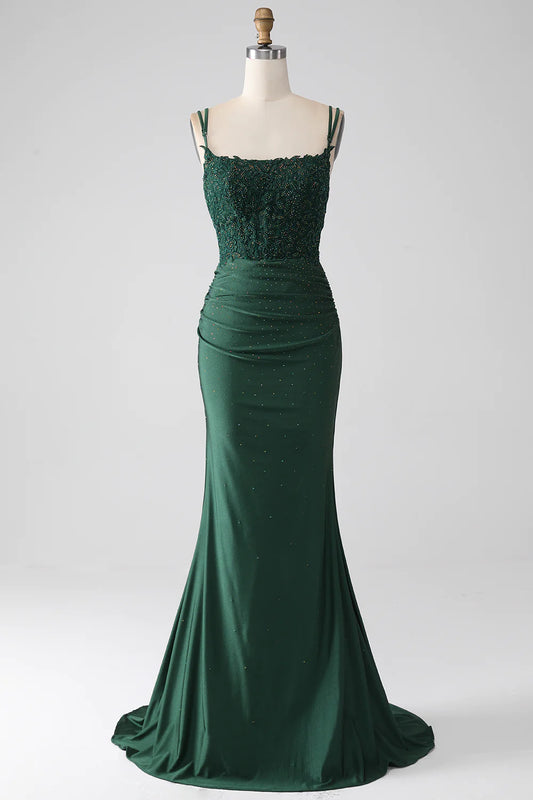 AerbaDress Dark Green Mermaid Spaghetti Straps Long Corset Prom Dress