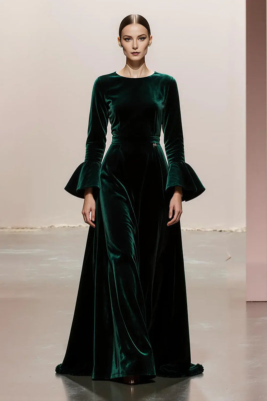 High Grade Dark Green A Line Round Neck Velvet with Long Sleeves Flared Sleeves Retro Long Formal Dress Hot Sale Evening Dress