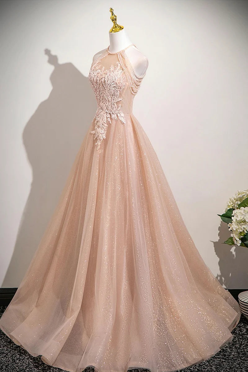 Shiny Tulle A-Line Halter Sleeveless Bead string Lace Applique Beautiful Exquisite Long Prom Dresses Formal Graduation Dress Evening Dress