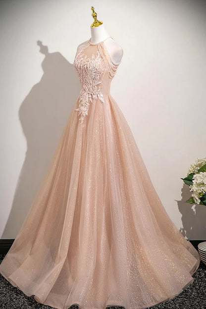 Shiny Tulle A-Line Halter Sleeveless Bead string Lace Applique Beautiful Exquisite Long Prom Dresses Formal Graduation Dress Evening Dress