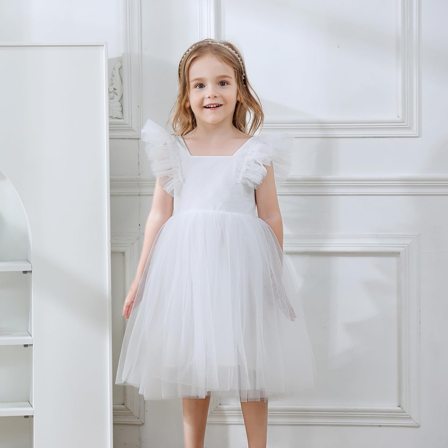 AERBA DRESS Wedding Flower Girl Dresses  A-Line Tulle Ruffled Sleeve Toddler Girls Vintage Party Dress