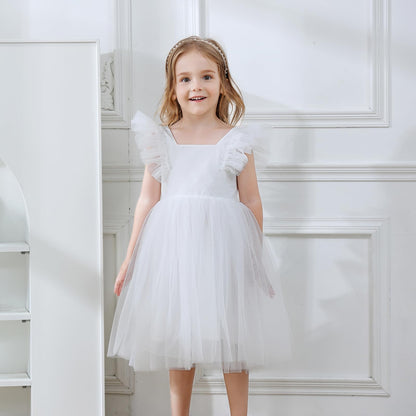 AERBA DRESS Wedding Flower Girl Dresses  A-Line Tulle Ruffled Sleeve Toddler Girls Vintage Party Dress
