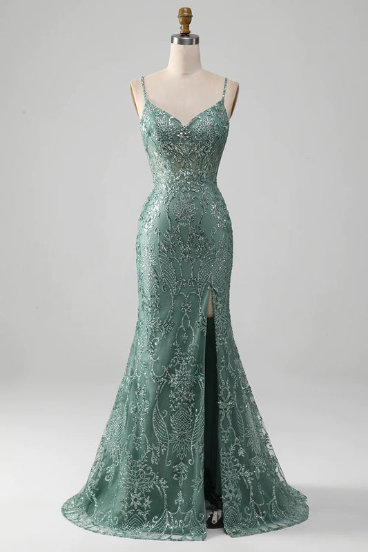 AerbaDress Spaghetti Staps Sparkly Grey Green Prom Dress with Beading